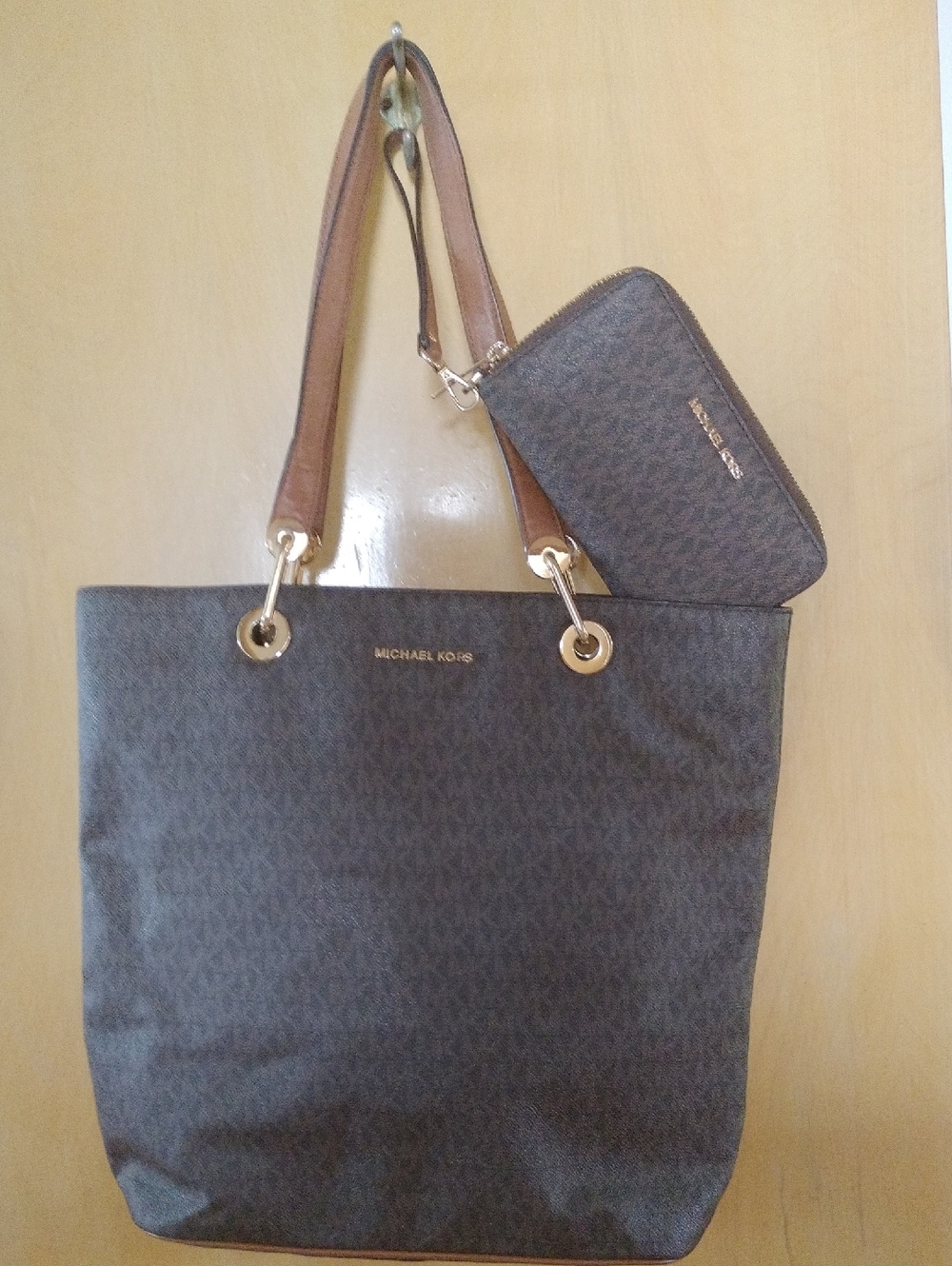 Michael Kors Brown Logo Jet Set Tote with Matching Jet Set Wristlet